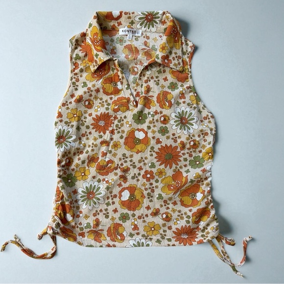 Kontrol Tops - Vintage Inspired Floral Sleeveless Top - Orange and Green